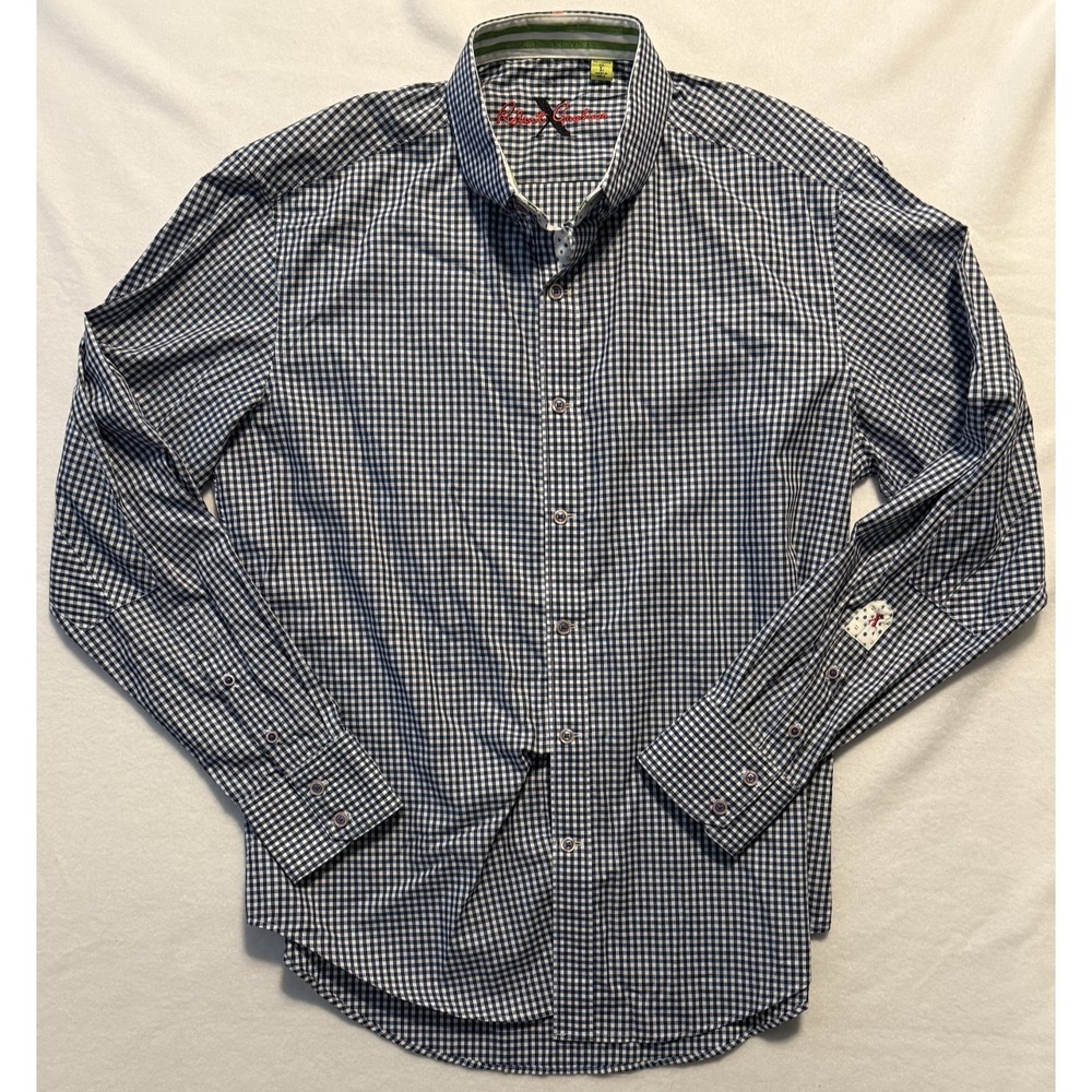 Robert Graham X Tailored Fit Plaid Men's Large Button Up‎ Shirt 100% Cotton Navy